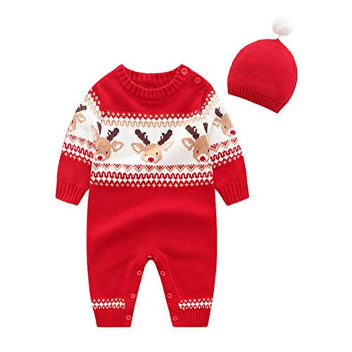 Baby Weihnachtspullover Strampler Stricken Rentier Overall Outfits mit Warmer Mütze Set Gr. 80, Rentier#2 Cover