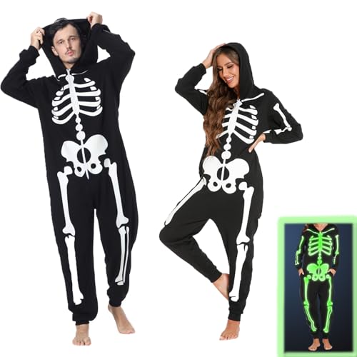maxToonrain Skeleton Costume Adult,Unisex Halloween Onesie Zippered Hoody Couple Onesies Christmas Family Matching Pyjamas Set for Women Men(Women,M)