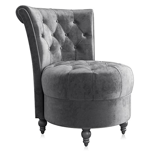Belleze Throne Royal Chair, Button-Tufted Accent Chair, Upholstered Velvet Chair, Low Back Armless Chair With Thick Padding And Rubberwood Legs - Malik (Grey) #TOP5