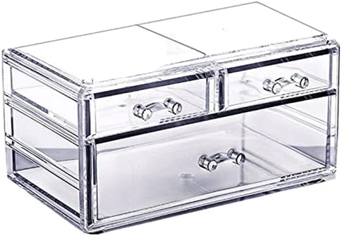 KW Collection Acrylic Makeup Organizer Cosmetic Storage Jewelry Display Case Makeup Brush Holder Blush Organizer Lipstick Dispenser (9.3x 6.1 x 4.3 in, 2 Small & 1 long Drawers, Transparent)