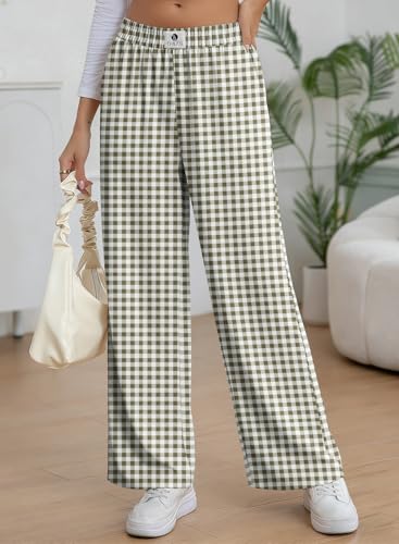 EVALESS Gingham Pants for Women 2026 Comfy High Waist Wide Leg Lounge Pants Spring Summer Patched Y2K Casual Trousers Lightweight PJ Bottoms with Pockets Green Large — view 2