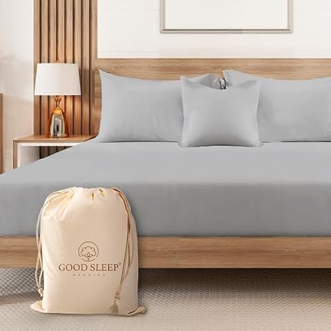 Good Sleep Bedding Luxury 3 Pc King Fitted Sheet with Pillow Cases, Light Gray - 100% Egyptian Cotton, Soft & Breathable Cover