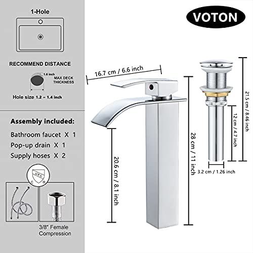 Voton Bathroom Vessel Faucet Chrome Faucet For Bathroom Sink Tall Waterfall Bathroom Faucet Single Handle One Hole Vanity Sink Faucet With Pop-Up Drain #TOP1