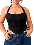 ChiaoLezhee Women's Plus Size Sexy Halter Boned Corset, Square Neck Mesh Lace Up Crop Top, Club Going Out Outfits, Black, 3X-Large