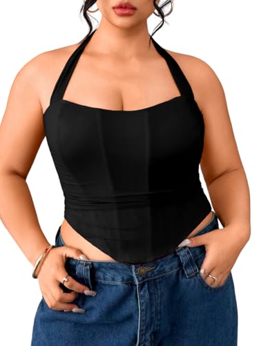 ChiaoLezhee Women's Plus Size Sexy Halter Boned Corset, Square Neck Mesh Lace Up Crop Top, Club Going Out Outfits, Black, XX-Large
