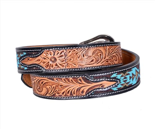 Western Tooled Leather Beaded Belt For Men and Women 30IS1082
