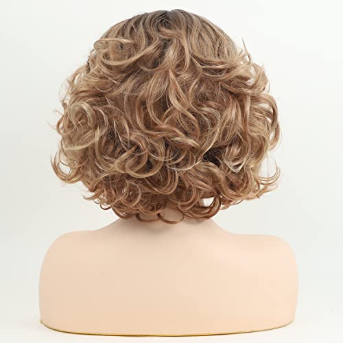 Renershow Short Ombre Blonde Curly Wigs For Women Mixed Blonde Wavy Synthetic Wig With Dark Roots #TOP5