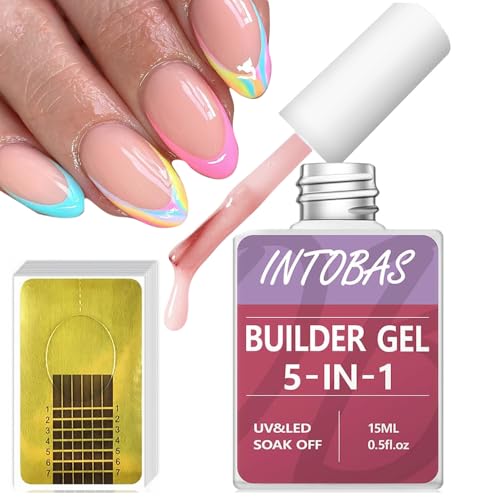 INTOBAS Gel Constructor 5-En-1 Con Formas de Uñas - Kit Para Extension, Fortalecedor y Decoración Profesional - Builder Nude 15Ml, 100 Piezas
