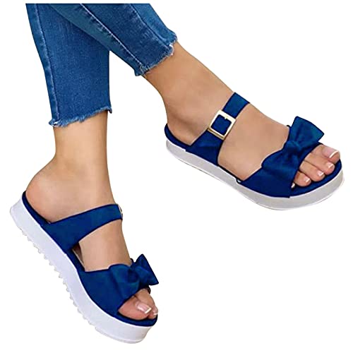 SSYUNO Platform Sandals for Women Woven Bowknot Open Toe Flat Sandals Casual Summer Beach Sandals Slippers Flip Flops, blue, 8