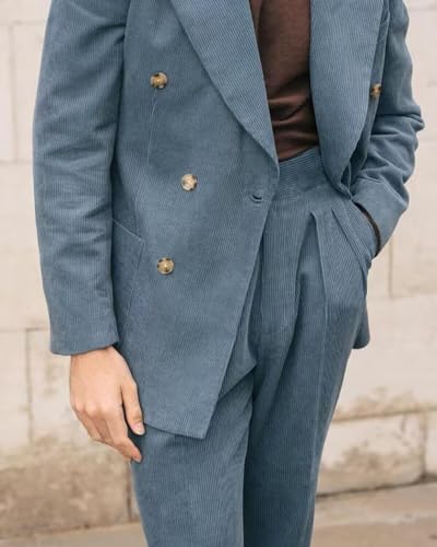 Mens Double Breasted Corduro Suit Slim Fit 2 Piece Peak Lapel Wedding Groomsmen Tuxedos Corduroy Blazer Pants Sets4