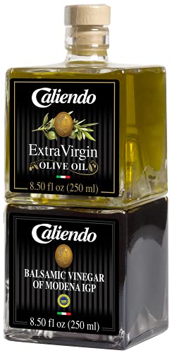 Caliendo NEW! Premium Extra Virgin Olive Oil & Balsamic Vinegar of Modena IGP Stackable Set, Authentic Italian – 17.0 fl oz (2/250 ml) Glass Bottles