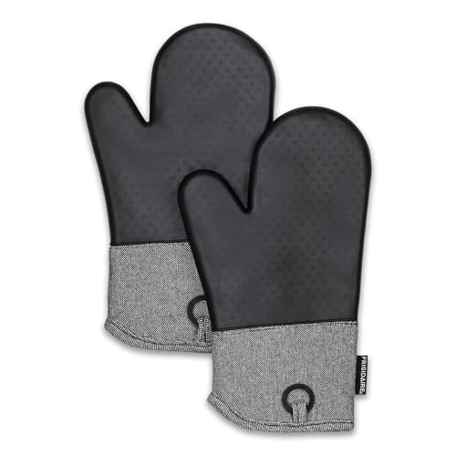 Frigidaire Sasha Cotton and Silicone Oven Mitts, Heat Resistant, Anti-Slip, Machine Washable, 13”x 7 “,Black, Set of 2