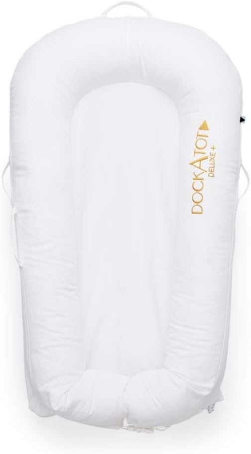 DockATotDeluxe+ Dock, Portable Lightweight Baby Lounger, Best Baby Nest, Baby Bed, from 0-8 Mos Newborn Baby, Removable Washable Cover, Made of Quality Cotton, Portable for Travel, White