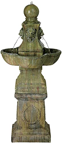 Tuscan Garden Pedestal Rustic Outdoor Floor Tiered Water Fountain 54" High Bubbler Lion Heads For Garden Patio Backyard Deck Home Lawn Porch House Relaxation Exterior Balcony - John Timberland #TOP2
