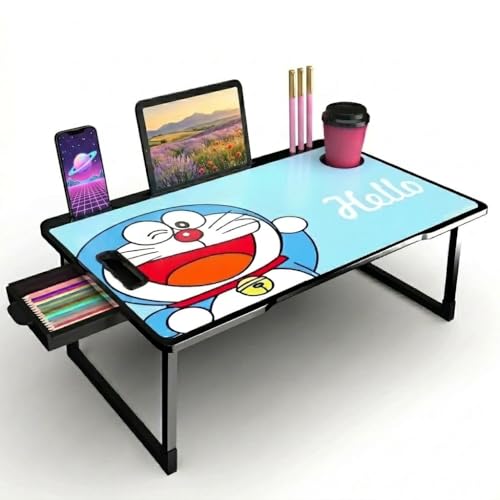 Image of Wood Multipurpose Foldable Laptop Table with Cup Holder | Table Home Study Writing Table, Foldable and Portable /Ergonomic Edges Kids & Adults (TUL-KIDS-DOREMAN)