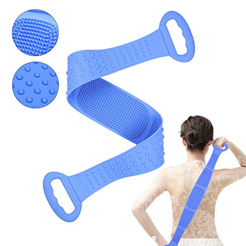 Extra Long 31.5 Inch Silicone Body Back Scrubber Shower Bath Brush 2021 Updated Soft Skin Brush Belt Men Women, Suitable for Back Cleaning Blue