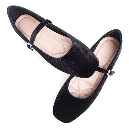 Image of TN TANGNEST Leather Flats for Women Retro Mary Jane Flats | Comfortable Square Toe Slip On Flats with Buckle Strap, Soft Work Flats Office Shoes