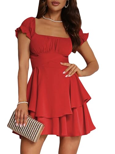 Springcmy Women Puff Sleeve Off Shoulder Dress Ruffle Tiered Smocked Layered Flowy Beach A-line Short Mini French Dress (A-Red, M)
