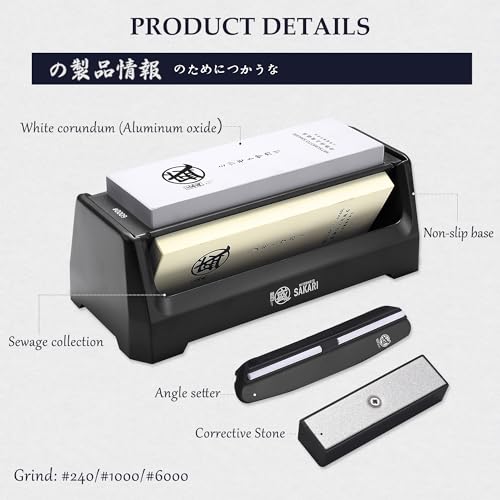 MITSUMOTO SAKARI Japanese Knife Sharpening Stones, Professional Kitchen 240/1000/6000 Coarse and Fine Precision Whetstone, New 3-Sided Knife Sharpener with ABS Non-Slip Base