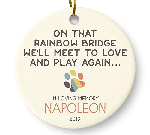 Personalized Cat Dog Animal Rainbow Bridge Keepsake Pet Memorial Ornament, 3 Inch Flat Ceramic Ornament with Gift Box