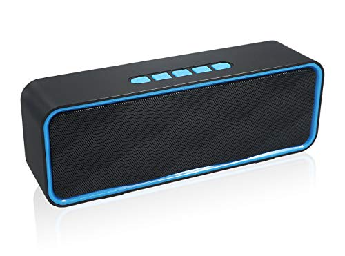 HUSAN Altavoz Bluetooth Inalámbrico con Ranura para Tarjeta AUX USB TF, Estéreo Portátil con Audio HD Radio FM, Bajos Mejorados, Controlador Doble, Llamada con Manos Libres (Azul)