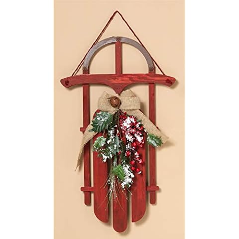 Large 27.5-Inch Rustic Red Wooden Decorative Christmas Sled Sleigh - Outdoor Winter Home Decor with Bow and Greenery - Hanging Front Door Holiday Decoration Cover