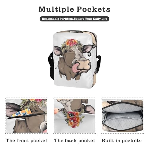 messenger bag crossbody men shoulder bag Women's Cross Body Purse Adjustable Strap for work work - Cow Flower Brown2