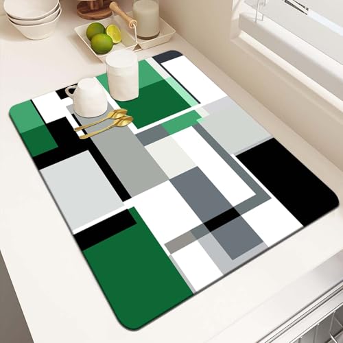 MCALK Geometric Green Dish Drying Mat for Kitchen Counter, Grey Geometric Dish Drying Pad with Anti-Slip Rubber Base, Absorbent Kitchen Sink Mat with Modern Art Decor (1 pc 18" x 16")