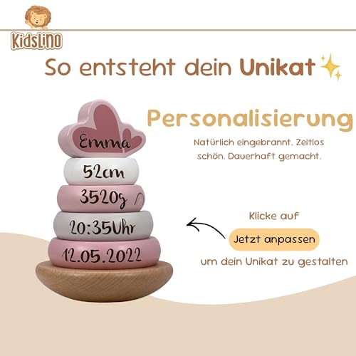 Mainely Personalisierbarer Holz-Stapelturm Rosa – fördert Feinmotorik & Koordination – für Kinder ab 12 Monaten – mit Name & Geburtsdaten - Label Label