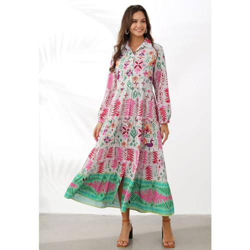 Chicwish Women Button Down Shirt Dresses Exotic Printed Collared Long Sleeve Summer Casual Beach Long Dress Pink thumb #5