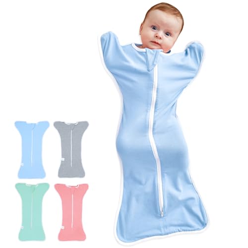 HINATAA Pucksack Baby 0-3 Monate/ 3-6 Monate, Baby Schlafsack Neugeborene Bio-Baumwolle, Baby Swaddle Wickeldecke für Jungen Mädchen, Verstellbarer Pucktücher Baby (Blau, 3-6 Monate)