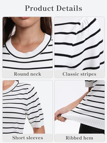 Image of Women Striped Short Sleeve Sweater Crew Neck Knit Top Pullover