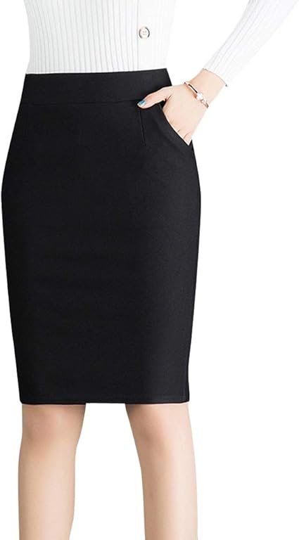 Quge Women Elegant Plain Bodycon Pencil Skirt Knee Length Skirts with ...