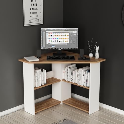 Homidea Corner moderno Scrivania angolare - Scrivania per computer a forma di L con ripiani per ufficio e casa (angolo - noce/bianco)