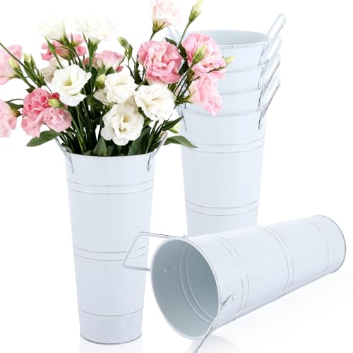MIVIDE 6 Pack 9 Inch Galvanized Flower Bar Buckets Flower Buckets for Flower Bar Metal Flower Bucket Decoration and Metal Vase with Handles for Wedding Balcony Garden Home Decor(White)