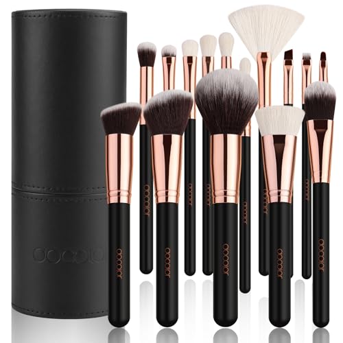 docolor Makeup Brush Set Professional, 15 PCS Black Wood Handle Makeup Brushes, Premium Cruelty-Free Synthetic Fiber Hair, Travel Make up Brushes Set with Case