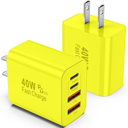 USB C Charger Block, 2 Pack 40W 4-Port iPhone Charger Fast Charging Multiport PD 3.0 & QC 4.0 Double Quick Charge, Compatible with iPhone 16/15/14/13/12/11,Pro Max,iPad, Samsung(Yellow)