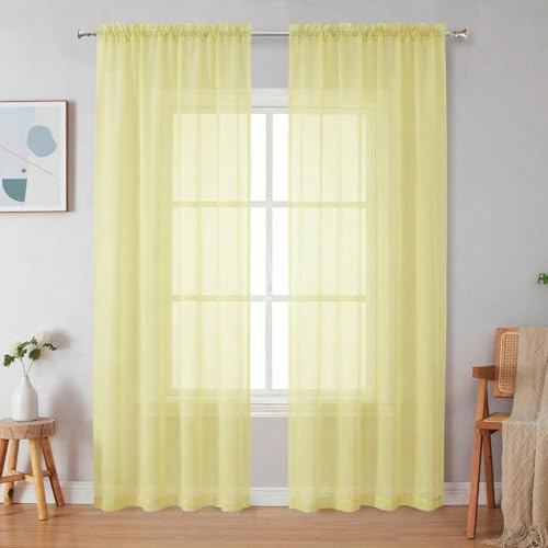 Image of Simplebrand Light Yellow Sheer Curtains 84 Inches Long, Light Filtering Rod Pocket Solid Color Window Sheer Curtain Panels, Elegant Curtains & Drapes for Living Room, Bedroom 2 Panels 42 inch W x 84 inch L