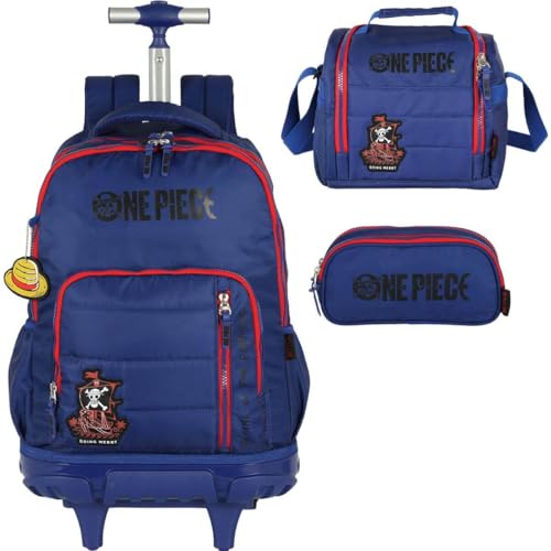Mochila Infantil Rodinhas One Piece com Lancheira e Estojo Triplo Azul
