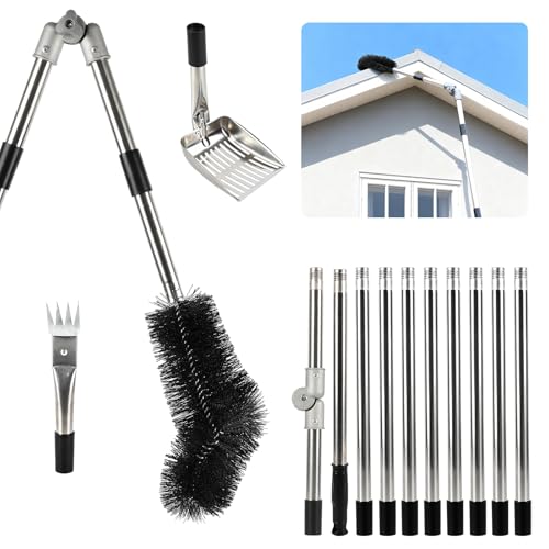 4.4M Perche Nettoyage Toiture, Outil de Nettoyage D'avant-toit Télescopique, Brosse de Gouttière à Angle Réglable pour Nettoyer les Avant-toits, les Gouttières et le Jardin