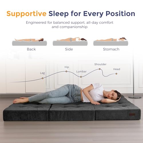 Image of MAXYOYO 6 inch Folding Sofa Bed for Floor, Tufted Tri-Fold Floor Mattress with Chenille Fabric, Full Size Portable Sofa Couch Guest Mat for Adults, Foldable Topper for Camping, Dark Grey, 53 inchx75 inch