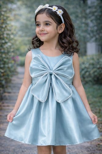 Image of Buy & Try Girls Frock Dress Crystal Moti Embellished Sleeveless Butterfly Design | Knee Length Birthday Dress for Kids with Zipper Closure