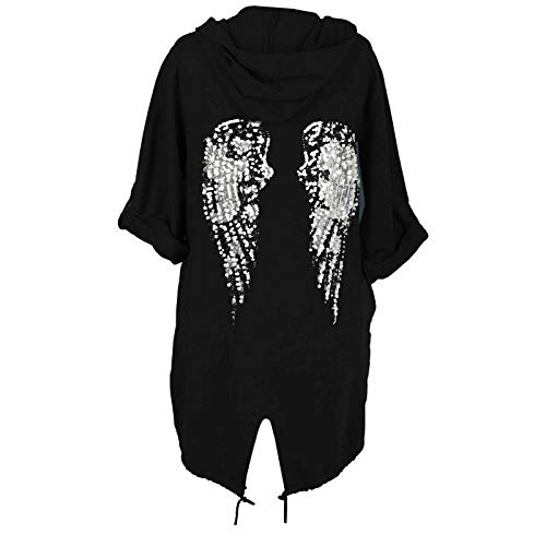 Janisramone Frauen Damen Neu Sequin Engel Flügel Zurück Baggy Übergroß Kapuzenpullover Strickjacke Jacke Sweatshirt Oben
