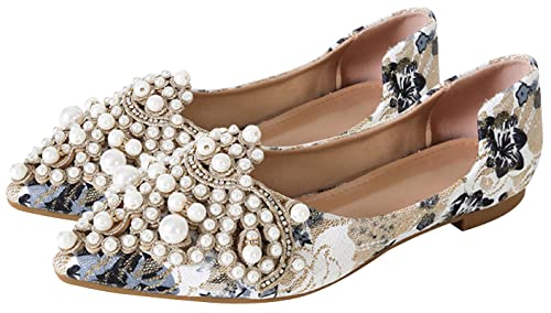 INEELUYI Women's Dress Shoes Lace Pearl Bowknot Pointed Toe Comfortable Flats Wedding Party