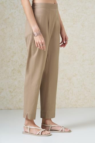 Image of Rangmanch by Pantaloons Women's Cotton Linen Bottoms | Slim Tapered Fit | Mid Rise Waist | Ankle Length