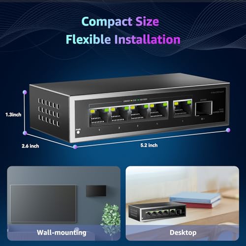Image of 6 Port 2.5Gb Unmanaged Ethernet Switch with 5* 2.5G Base-T Ports, 1*10G SFP Ports, AUMOX PRO 60Gbps Switching Capacity Compatible with 100 /1000 /2500Mbps Plug and Play