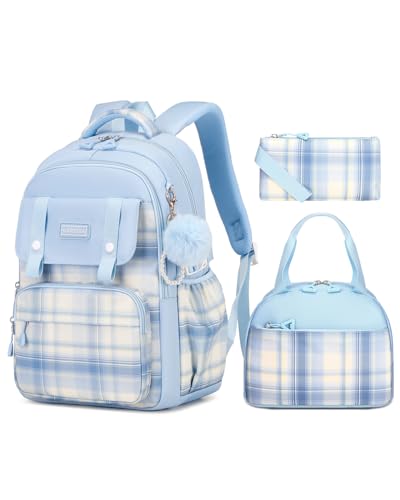 Amythe Sac à Dos pour Filles, Sac à Dos Enfant Mignon, Ensemble Cartable pour L'école Primaire et le Collège avec Sac à Lunch et Trousse à Crayons, Sac Ecole Fille CE2 CM1 CM2, Bleu