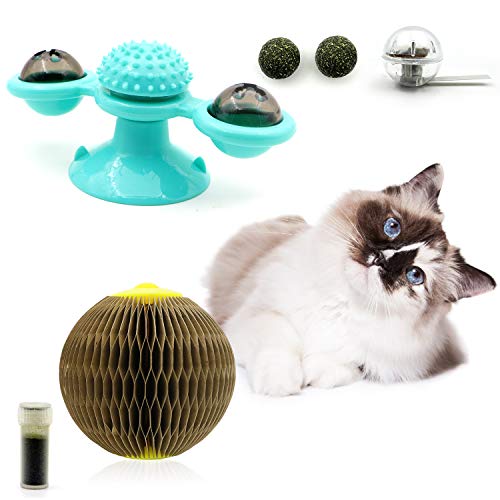 TEEMO Cat Interactive Chew Toys for Indoor Cats Ball Windmill Catnip Toy Cat Toothbrush Funny Kitten Toys Massage Scratching Tickle Toy with Suction Cup for Cats Catnip Refillable Scratcher (Blue)