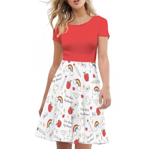 Allinterest Apple Pencil Print Teacher Dress for Women Work Short Sleeve Summer T-Shirt Dresses Round Neck Casual Midi Dress — view 2