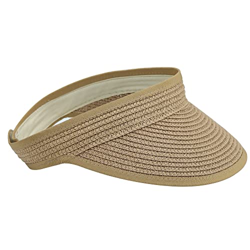 Women Straw-Sun-Hat Roll-up Foldable Summer UV Protection Beach Ponytail Hats UPF 50+ Straw-Visor Hat (Khaki)